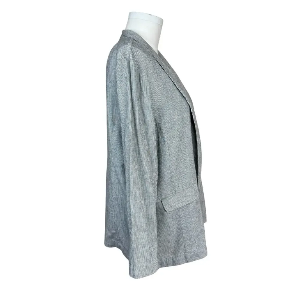 EILEEN FISHER Organic Cotton Linen Blend Open Front Jacket Black White Stripe XL